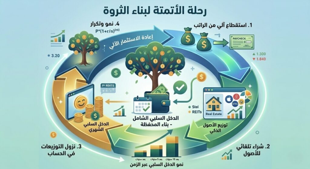 إنفوجرافيك بعنوان رحلة الأتمتة لبناء الثروة، يوضح دورة استثمارية دائرية تبدأ بالاستقطاع الآلي من الراتب، تليها خطوة الشراء التلقائي للأصول مثل العقارات وصناديق ETFs، ثم نزول التوزيعات في الحساب كدخل سلبي شهري، وصولاً إلى مرحلة النمو والتكرار عبر إعادة الاستثمار الآلي الفوري.