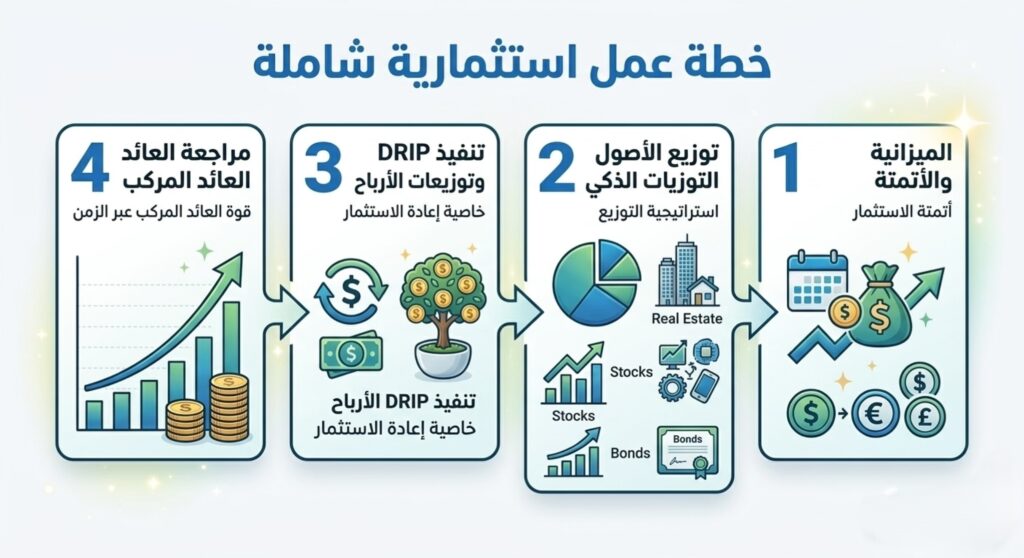 إنفوجرافيك يوضح خطة عمل استثمارية شاملة مكونة من 4 خطوات: الميزانية والأتمتة، توزيع الأصول الذكي بين الأسهم والعقارات والسندات، تنفيذ خاصية إعادة استثمار الأرباح (DRIP)، ومراجعة نمو العائد المركب عبر الزمن.