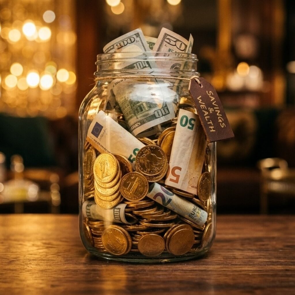 برطمان زجاجي ممتلئ بالعملات الذهبية والأوراق النقدية من الدولار واليورو على سطح خشبي داكن مع إضاءة دافئة لخلفية فاخرة تعبر عن الادخار.