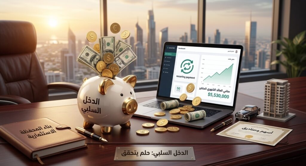 مكتب فخم يطل على هذا هو دليل المبتدئين الشامل الذي سيوضح لك كيفية بناء محفظة استثمارية ناطحات سحاب، يعرض عناصر تحقيق الدخل السلبي وبناء المحفظة الاستثمارية: حصالة ذهبية ممتلئة بالعملات والأوراق النقدية، حاسوب محمول يظهر لوحة تحكم الأرباح وصافي العائد الشهري المتكرر، بجانب مجسمات لعقارات وسندات أسهم دليل المبتدئين وصناديق.