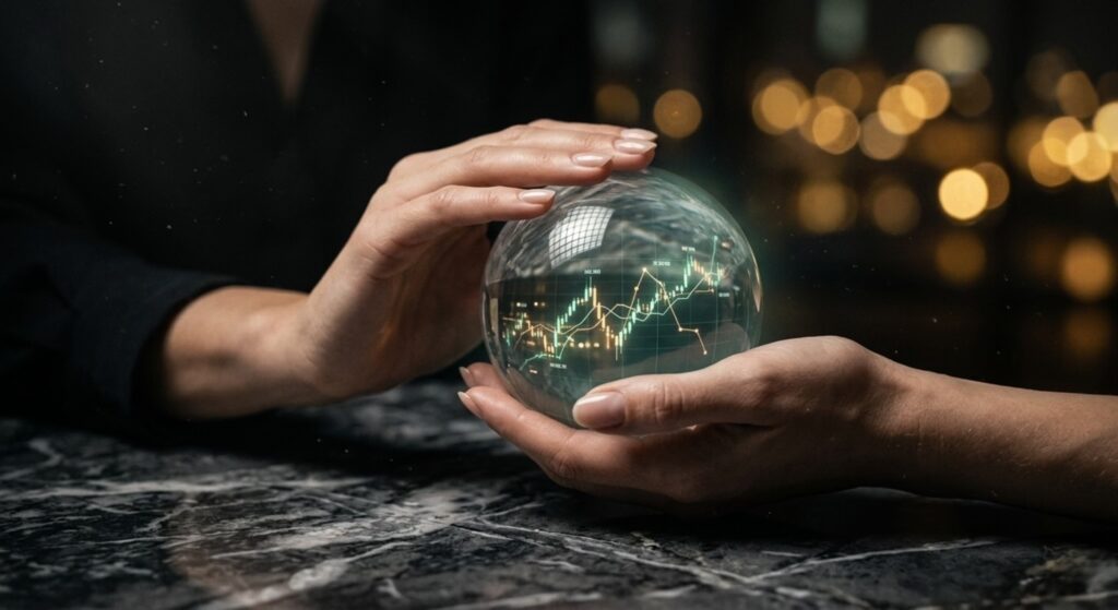 يدان تحيطان بكرة زجاجية شفافة تظهر بداخلها رسوم بيانية وأسهم ومؤشرات بورصة صاعدة فوق مكتب رخامي فاخر