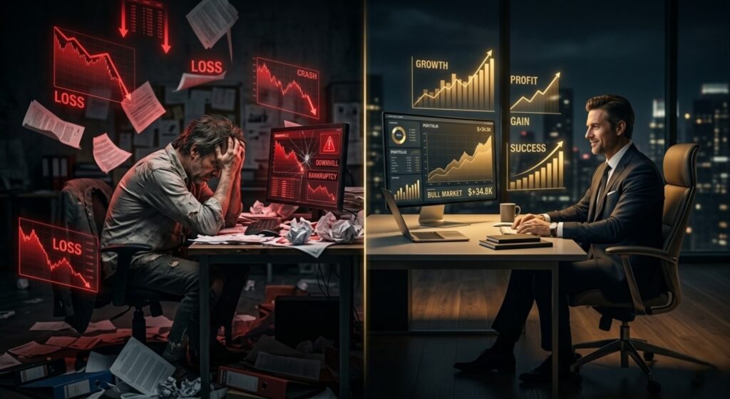 مقارنة بين مستثمر ناجح يبتسم أمام شاشة تداول صاعدة ومستثمر محبط يعاني من خسائر وهبوط الأسهم
