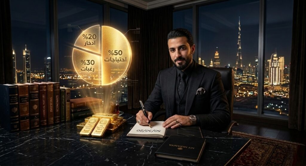 رجل أعمال عربي أنيق يرتدي بدلة سوداء يجلس على مكتب رخامي فاخر وأمامه مخطط هيكلي مضيء لقاعدة 50/30/20 لإدارة المال والادخار، وخلفه نافذة تطل على ناطحات سحاب دبي ليلاً.