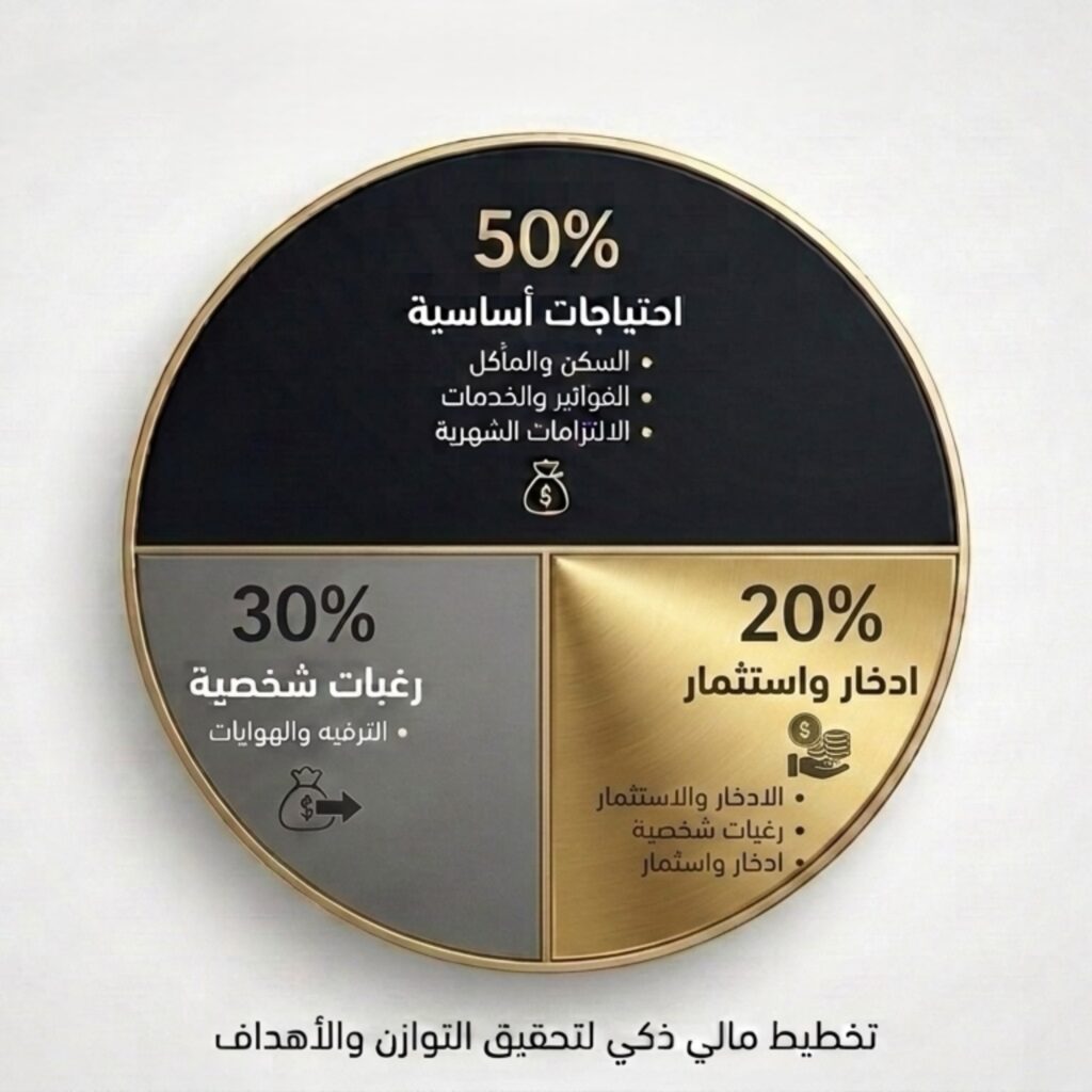 لقطة مسطحة فاخرة الثراء المالي لمحفظة ذهبية ونقود بجانب دفتر أسود مكتوب عليه قاعدة 50/30/20 لتنظيم الميزانية والراتب.