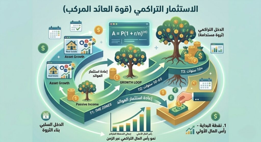 إنفوجرافيك يشرح مفهوم الاستثمار التراكمي وقوة العائد المركب عبر الزمن، يظهر مخططاً يبدأ من رأس المال الأولي ونمو الأصول، ثم حلقة إعادة استثمار العوائد (Growth Loop)، وينتهي بنمو شجرة الثروة المستدامة وتضاعف الدخل السلبي بعد مرور 5 إلى 10 سنوات فما فوق.
