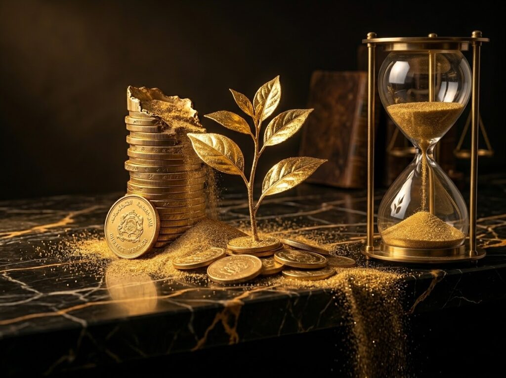 نبتة ذهبية صغيرة تنمو من بين عملات معدنية ذهبية على طاولة رخامية سوداء، يحيط بها برج من العملات المتفتتة وساعة رملية نحاسية كبيرة مليئة بالرمال الذهبية في أجواء خافتة.