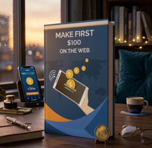 A professional book cover titled "Make First $100 on the Web" displayed on a luxury office desk, featuring a smartphone, coins, and business accessories.