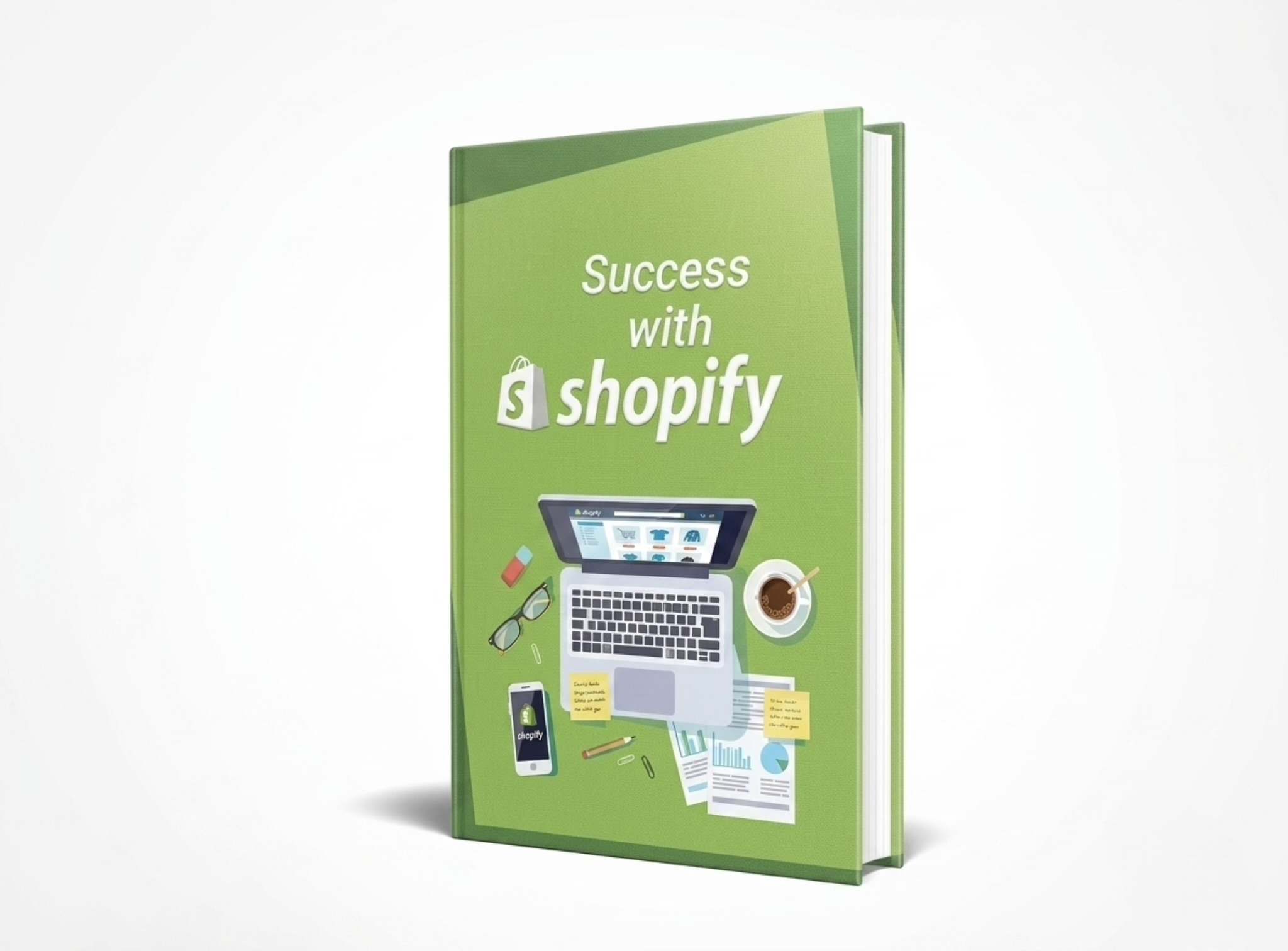 A 3D rendered digital book cover titled "Success with Shopify" featuring a laptop, coffee, and office stationery against a clean background.