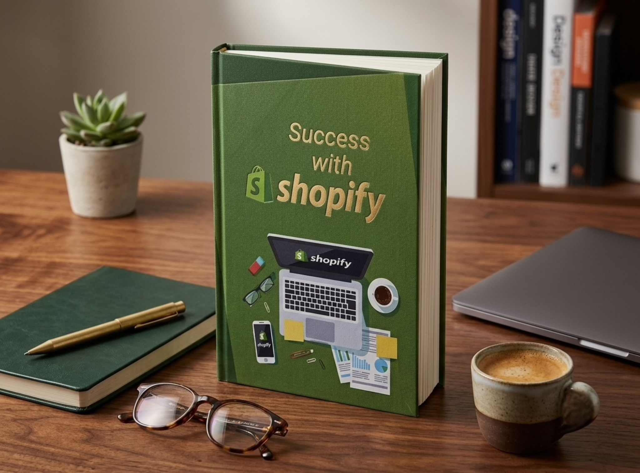A physical copy of the "Success with Shopify" book standing on a wooden office desk, accompanied by a coffee cup, glasses, and notebook.