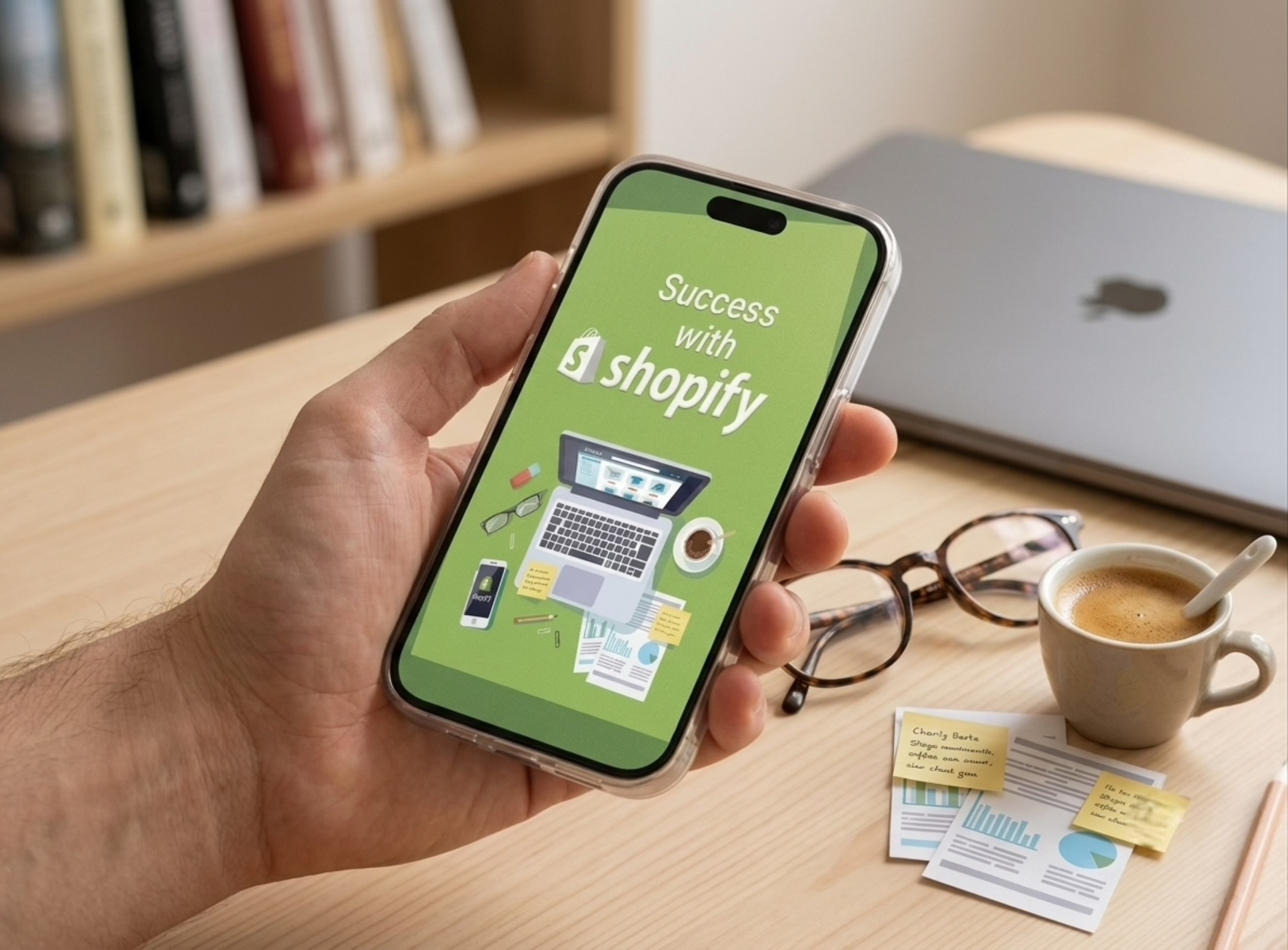 A hand holding a smartphone displaying the "Success with Shopify" digital guide in a professional home office setting.