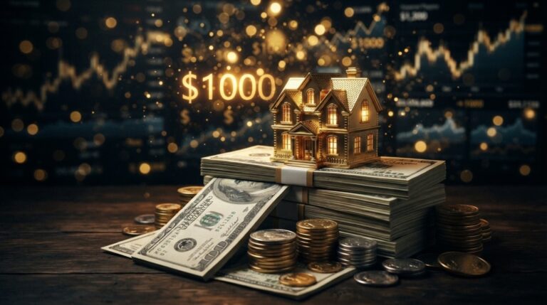منزل ذهبي صغير يرمز للاستثمار العقاري الناجح مع أكوام من النقود وعلامة 1000 دولار متوهجة