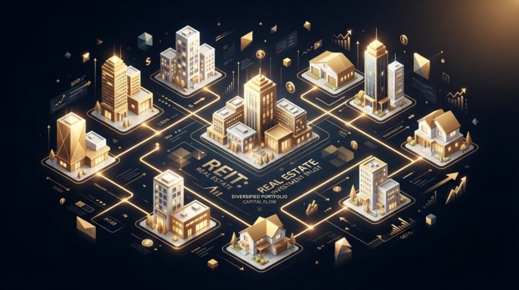 رسم توضيحي يعبر عن صناديق الاستثمار العقاري (REITs) كفرصة للاستثمار الذكي وبناء الثروة
