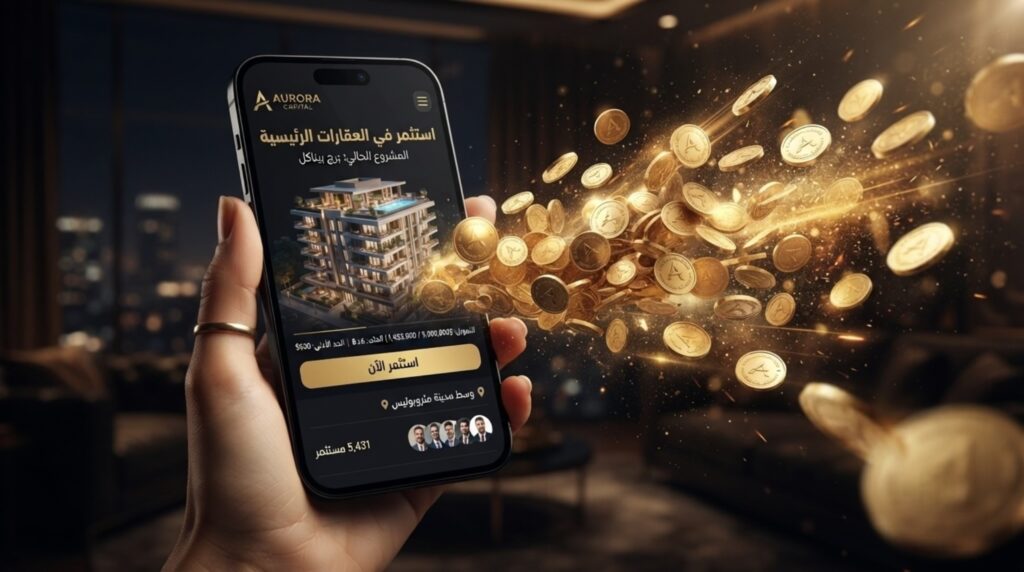 شخص يستخدم تطبيق استثمار عقاري رقمي مع عملات ذهبية متطايرة ترمز للأرباح المالية