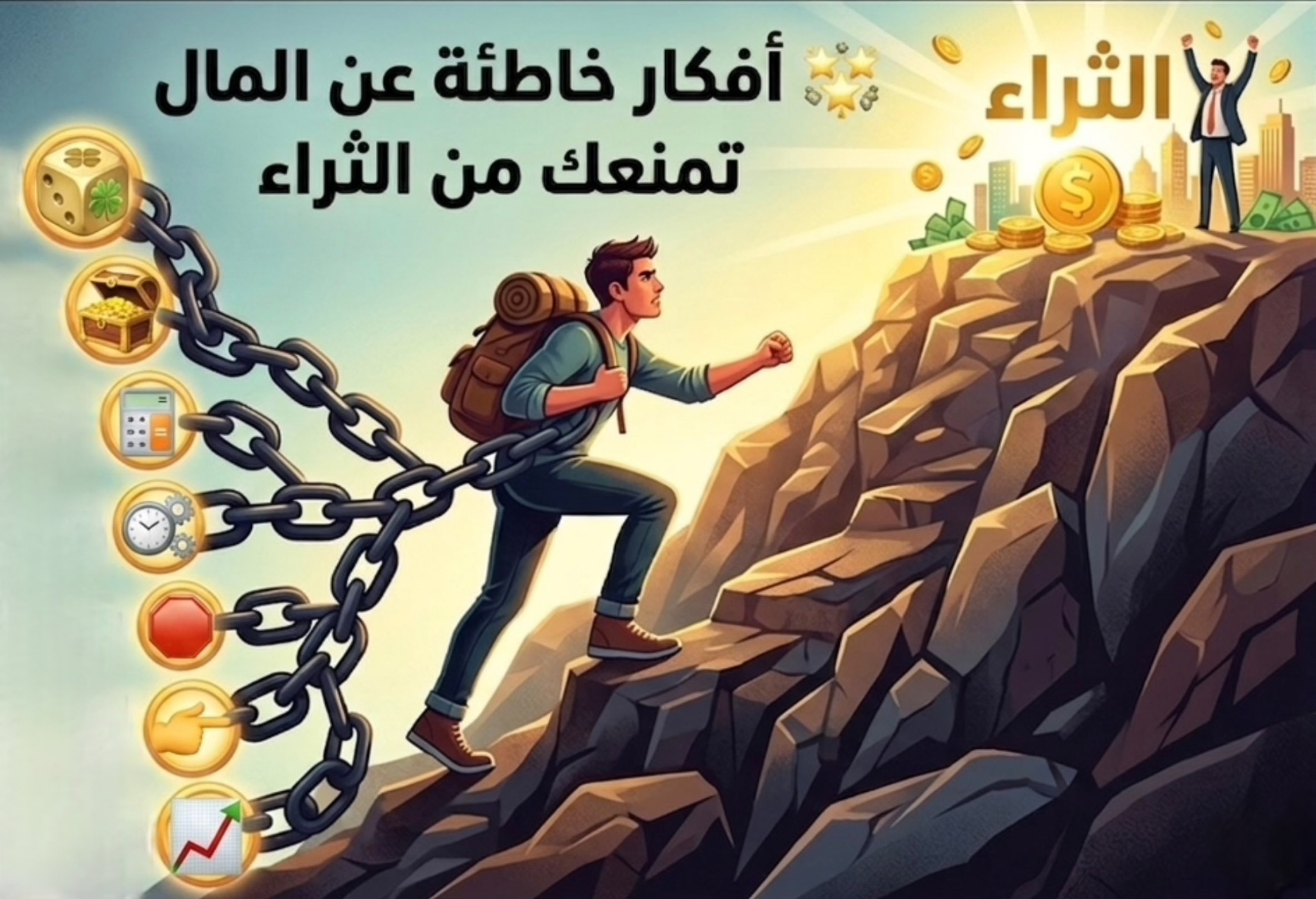رسم توضيحي لشاب يحمل حقيبة ظهر ويصعد جبلًا صخريًا بينما تكبله سلاسل حديدية متصلة برموز دائرية تمثل أفكارًا مالية خاطئة، وفي قمة الجبل يظهر شخص يحتفل بالثراء بجانب عملات ذهبية ساطعة، مع نص باللغة العربية "أفكار خاطئة عن المال تمنعك من الثراء"