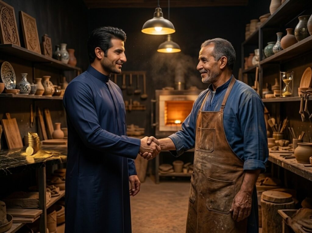 رجل شاب يرتدي جلباباً كحلياً أنيقاً يصافح بحرارة حرفياً كبيراً في السن يرتدي مئزراً جلدياً داخل ورشة تقليدية لصناعة الفخار والخزف، مع وجود رفوف مليئة بالأواني وفرن طين مضاء في الخلفية.