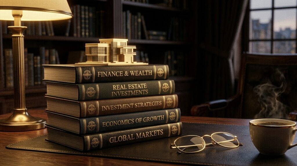 مجموعة من الكتب المالية القديمة ذات التجليد الفاخر والعناوين الذهبية داخل مكتبة دافئة الإضاءة