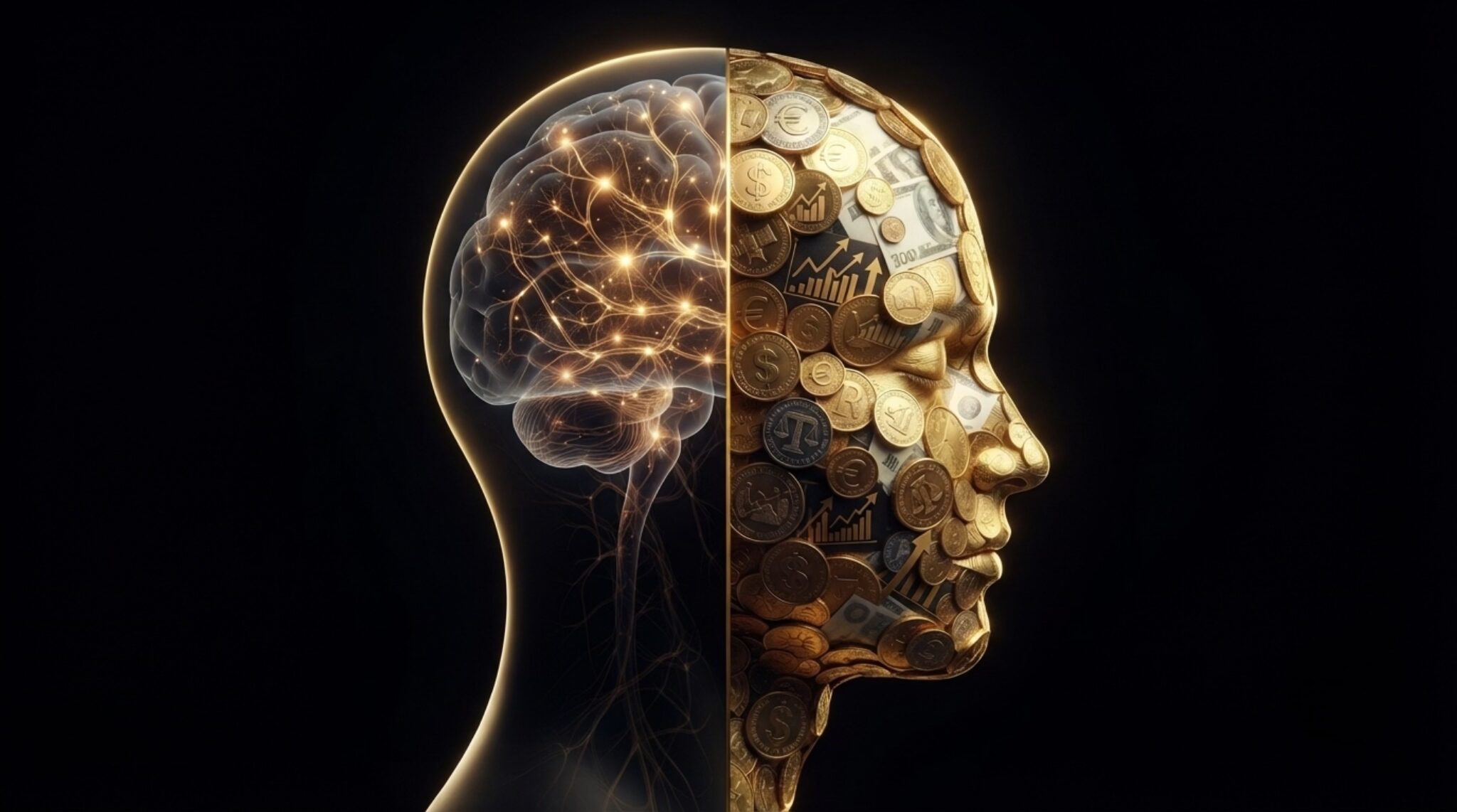 تصميم فني يوضح رأس بشري مقسوم لنصفين، أحدهما يمثل الدماغ بشبكة عصبية مضيئة والآخر يتكون من عملات ذهبية ورموز مالية.