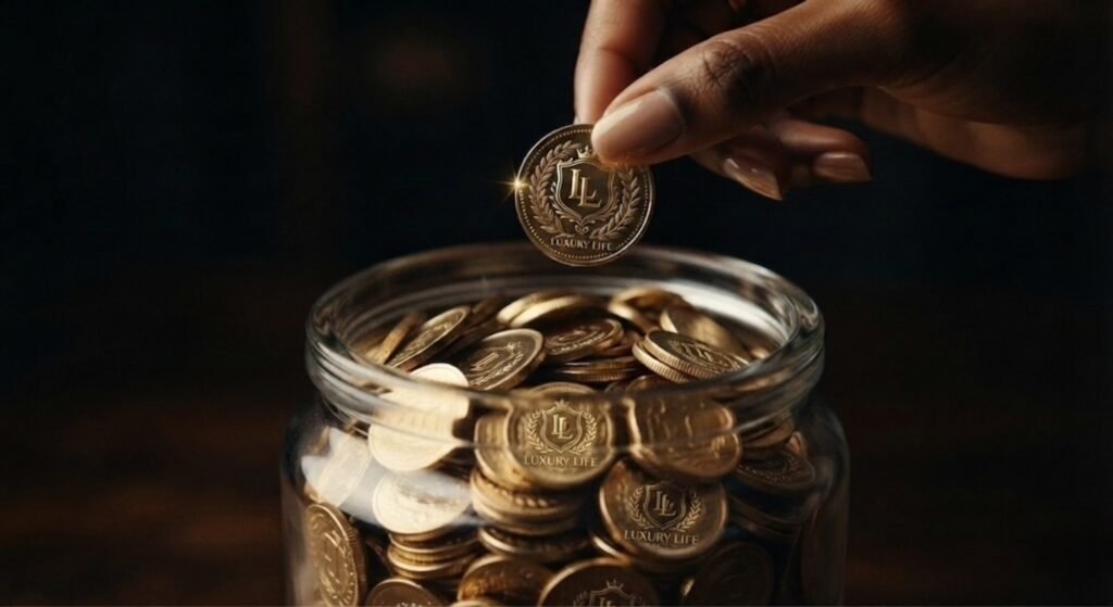 لقطة مقربة ليد تسقط عملة ذهبية تحمل حرف LL رمز ل Luxury Life داخل جرة زجاجية مليئة بالعملات المعدنية الذهبية.