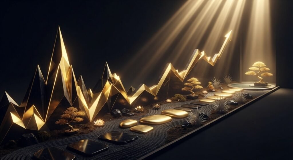 تمثيل تجريدي يظهر مخطط سهم سوق الصدف سوق الأسهم يتحول إلى مسار حديقة زن هادئة مع أشجار البونساي وأشعة الشمس الذهبية.