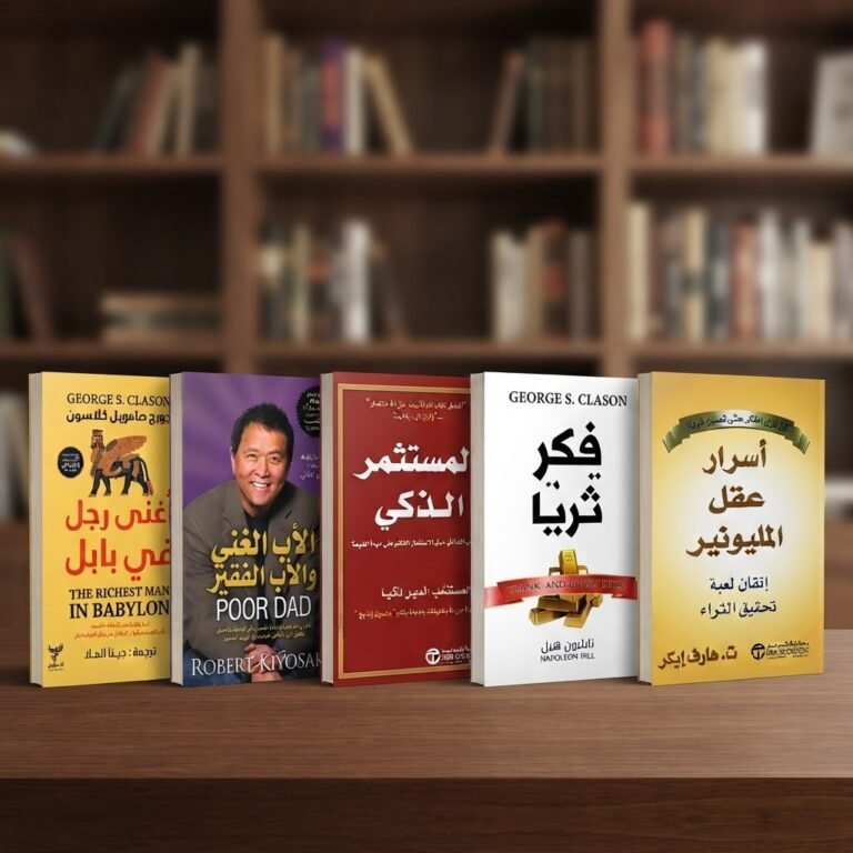 صفوف من خمسة أغلفة الكتب مالية عربية شهيرة واقفة على رف خشبي أمام مكتبة غير واضحة المعالم.