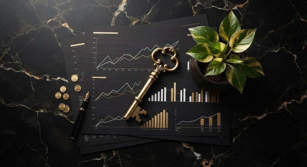 مفتاح ذهبي عتيق موضوع على رسوم بيانية مالية باللونين الأسود والذهبي مع نبات في أصيص وقطع نقدية ذهبية.