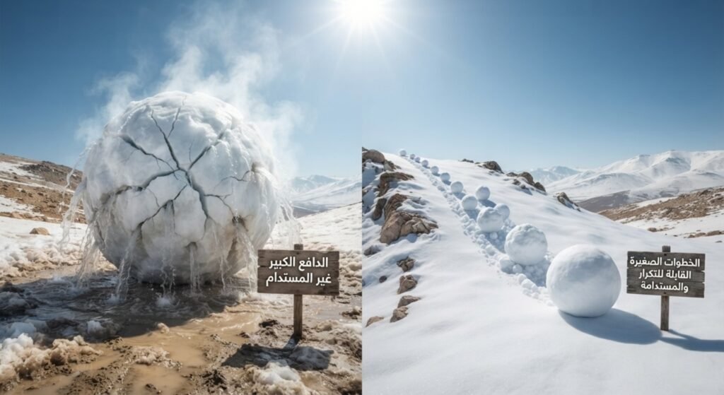 صورة مجازية منقسمة لجانبين تحت الشمس، تظهر على اليسار كرة ثلجية ضخمة ومتشققة تذوب بجوار لافتة "الدافع الكبير غير المستدام"، وعلى اليمين كرات ثلجية صغيرة تتحد وتتدحرج على منحدر بجوار لافتة "الخطوات الصغيرة القابلة للتكرار والمستدامة".
