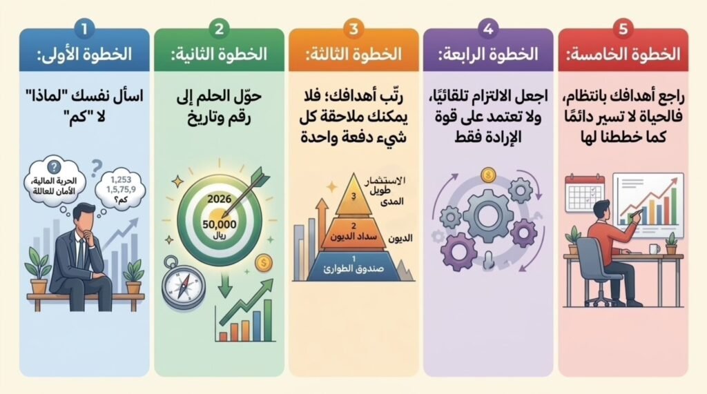 رسم توضيحي (إنفوجرافيك) مقسم إلى خمسة أعمدة ملونة، لتحقيق الأهداف المالية كل عمود يمثل خطوة نحو النجاح المالي : الخطوة الأولى (اسأل لماذا لا كم)، الثانية (حول الحلم لرقم وتاريخ)، الثالثة (رتب أهدافك)، الرابعة (اجعل الالتزام تلقائياً)، والخامسة (راجع أهدافك بانتظام)، مع رسومات توضيحية لكل خطوة.