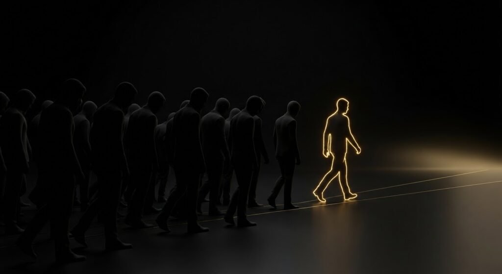 شخص مضاء بإطار ذهبي متوهج يتقدم مجموعة من الظلال المعتمة، معبراً عن التميز والنجاح المالي وتطوير الذات.
