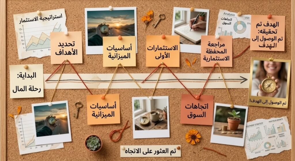 لوحة إعلانات من الفلين معلقة عليها ملاحظات ملونة وصور فورية ومخططات بيانية تتبع مراحل الرحلة المالية وتحديد الأهداف والاستثمار.