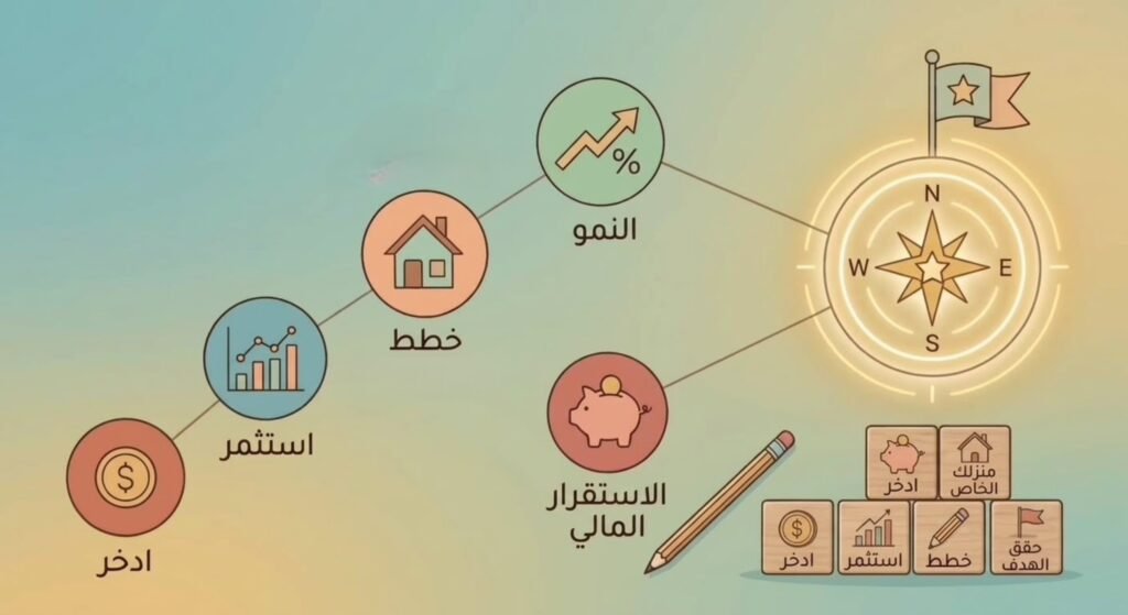 مخطط انفوجرافيك مرسوم يوضح خطوات الوصول إلى الاستقرار المالي والنمو. يبدأ بـ "ادخر" (أيقونة عملة)، ثم "استثمر" (أيقونة رسم بياني)، ثم "خطط" (أيقونة منزل)، ويصل إلى "النمو" (أيقونة رسم بياني متصاعد ونسبة مئوية) و"الاستقرار المالي" (أيقونة حصالة). يوجد قلم وقالب مكعبات خشبية عليها كلمات توضيحية إضافية مثل "منزلك الخاص" و"حقق الهدف". إلى اليمين، توجد بوصلة وعلم يحمل نجمة، كرمز للتوجيه وتحقيق الأهداف.