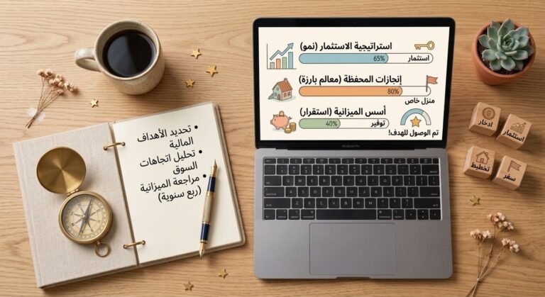 لقطة علوية لمكتب خشبي عليه جهاز محمول يعرض رسومًا بيانية مالية ، بالإضافة إلى دفتر ملاحظات مفتوح، وبوصلة، وفنجان قهوة، ومكعبات خشبية مكتوب عليها أهداف مالية.