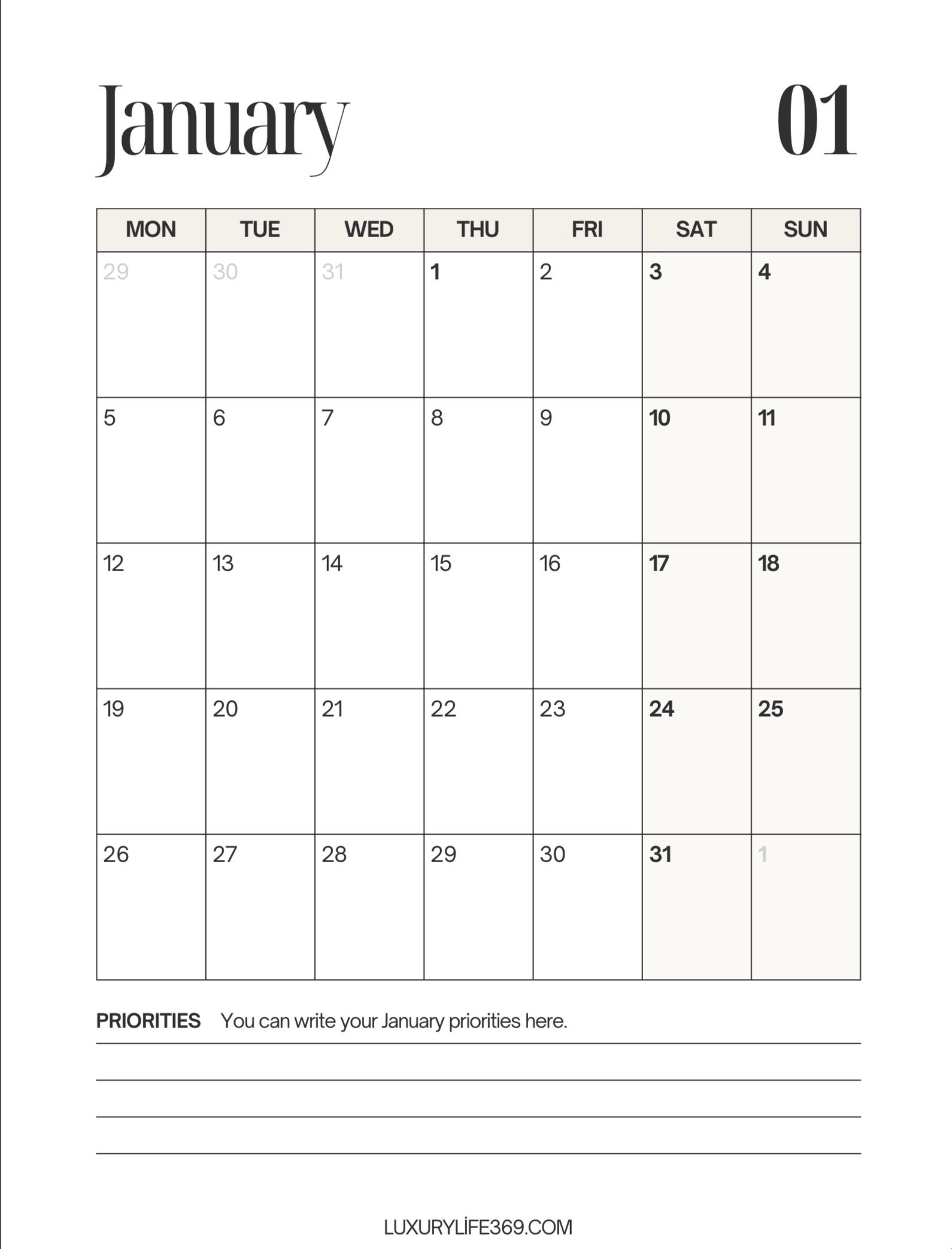 صفحة yearly planner 2027 تخطيط شهري لشهر يناير مع تقويم واسع ومساحة لتدوين الأولويات، بتصميم أبيض وأسود أنيق وقابل للتعديل والطباعة.